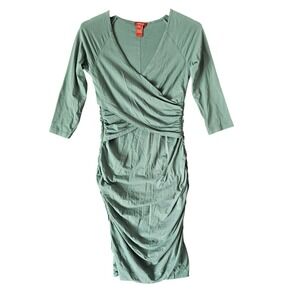 Sundance Ruched V Neck 3/4 Sleeve Faux Wrap Style Midi Dress Teal XS
